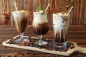 Latte coffee beverages are displayed on wooden board, showcasing rich colors and creamy textures. Each drink features unique toppings and presentation. photo