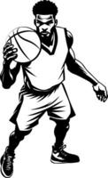 Basketball player holds ball on shoulder, looks up vector