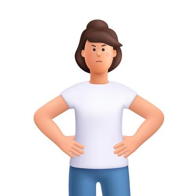 Serious woman Jane standing with her hands on her hips and an angry or frustrated facial expression. Displeased, conveying, confrontation. 3d people character. Cartoon minimal style.