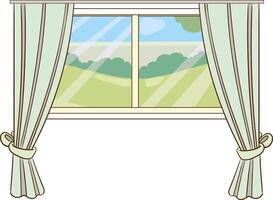 window illustration with curtains isolated on a white background, , flat design, animation design, simple flat 2D icon, minimalist design, clip art vector