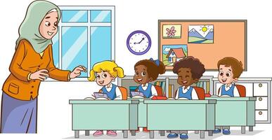 Teacher with students in classroom vector