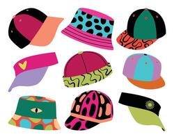 Colorful Modern Hat Set Illustration. Modern hats, including caps, bucket hats, and visors. Each hat features unique patterns and vibrant colors. vector
