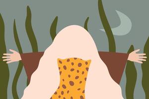 Illustrated figure with arms wide open embracing nature amid tall plants and crescent moon backdrop. Incorporates earthy tones and abstract patterns for a harmonious vibe. vector
