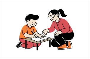 a teacher kneeling next to a student, pointing to a notebook or paper. vector