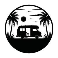 Tropical vacation camper van silhouette under palm trees vector