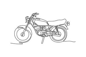 Continuous one line drawing side view of vintage motorbike on white background. Asian urban citizen motorcycle for commuting daily routine activity. Single line draw design graphic illustration vector