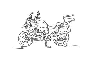 Single continuous line drawing side view classic luxury touring motorcycle parked in modern garage. Stylish custom motorbike for adventure or vacation. One line draw graphic design illustration vector