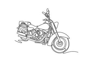Continuous one line drawing custom bobber motorbike parked in a workshop garage. Classic motorcycle for touring or adventure in country or highway. Single line draw design graphic illustration vector
