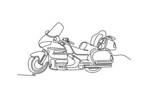 Single continuous line drawing classic luxury touring motorcycle on white background. Stylish custom motorbike for adventure, street vacation. Dynamic one line draw graphic design illustration vector