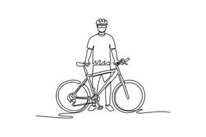 Continuous one line drawing male cyclist athlete in protective helmet standing next to his bicycle. Concept of sport, action, motion, speed, race. Single line draw design graphic illustration vector