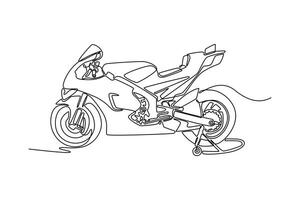 Continuous one line drawing side view modern sport motorcycle parking on white background. Motorbike for race competition. Transportation concept. Single line draw design graphic illustration vector