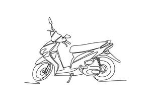 Single one line drawing side view modern urban moped motor scooter in the city. Two wheels transportation motorcycle for mobility or delivery. Continuous line draw design graphic illustration vector