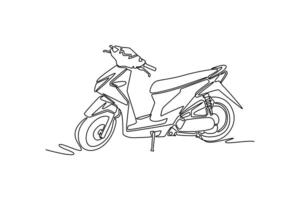 Single one line drawing moped scooter parked on city street. Ecological urban transport. Modern motorcycle for daily routine citizen mobility. Continuous line draw design graphic illustration vector