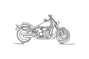 Single continuous line drawing side view of classic motorcycle standing on street city. Old motorcycle for touring or adventure in country or highway. One line draw graphic design illustration vector