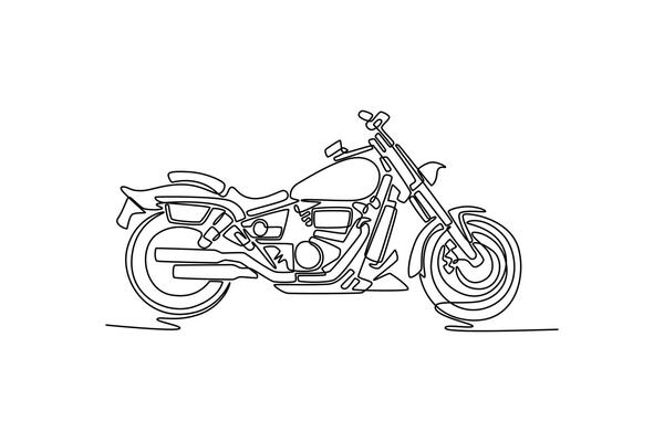 Single continuous line drawing side view of classic motorcycle standing on street city. Old motorcycle for touring or adventure in country or highway. One line draw graphic design illustration