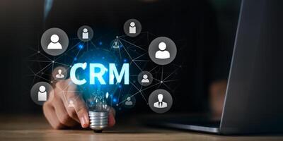 strategy or software to follow up on sales ,Customer relationship building ,creating satisfaction and confidence for customers,Businessman showing customer relationship management concept photo