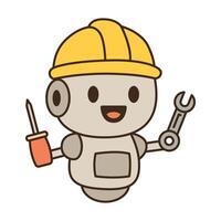 Cute cartoon robot wearing a yellow hard hat, holding a screwdriver and wrench. Ideal for fun Labor Day illustrations with a modern tech twist. vector