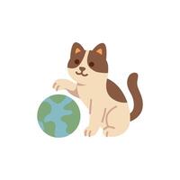 A playful cat with brown markings sits beside a globe vector