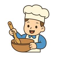 Cute cartoon chef boy stirring a bowl with a spoon, wearing a chef hat and apron. Great for Labor Day designs celebrating culinary workers. vector