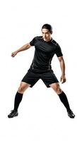 A man in black soccer uniform is posing photo