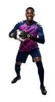 A man in a blue and pink soccer uniform holding a ball photo