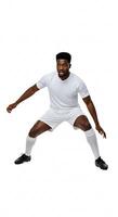 A man in a white soccer uniform is posing photo
