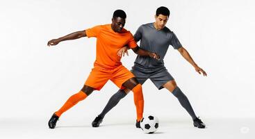 Two men in orange soccer uniforms are playing with a ball photo