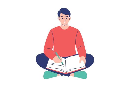 A young man sits cross-legged on the floor, focused on writing or drawing in a notebook, illustrating concepts of studying, journaling, and creativity. vector