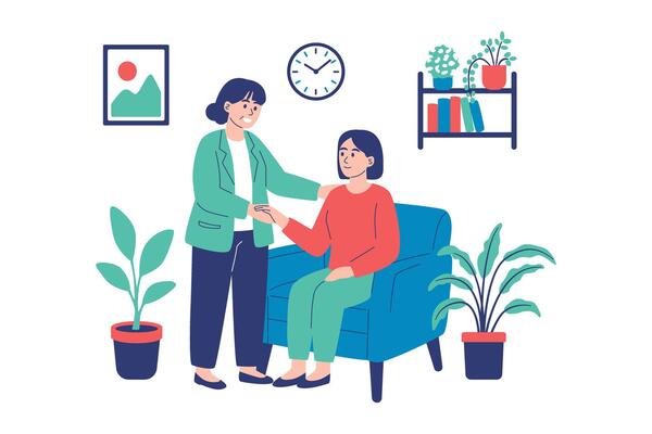 Therapist supporting woman in counseling session with indoor plants