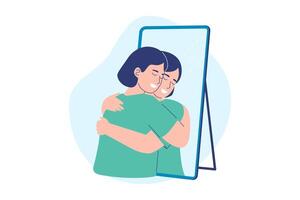 A person embraces their own reflection in a mirror, a powerful visual concept of self-love, acceptance, and mental wellness. vector