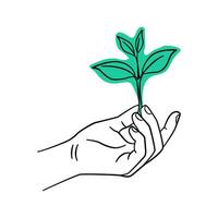 A hand gently holds a plant sprout in a concept illustration about growth, environmental care, and sustainability vector