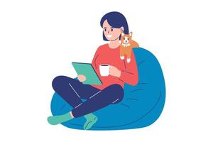 Woman reading tablet with pet vector