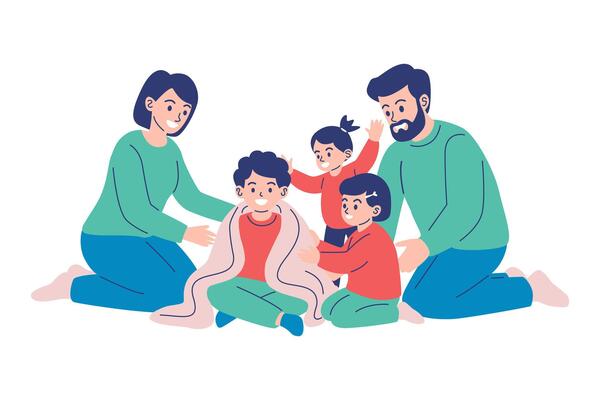 A loving family cares for a sick child, with parents and siblings offering comfort and support to the boy who has a cold or flu