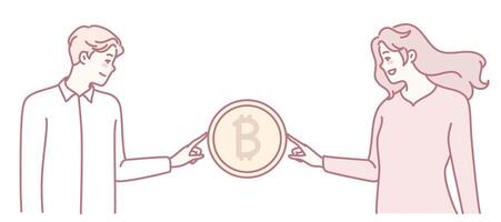 Two people exchanging Bitcoin illustration vector