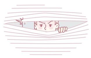 A curious boy is peeking playfully through colorful curtains, filled with wonder and mischief vector