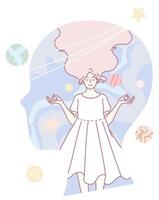 Woman meditating with cosmic elements vector