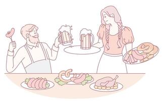 Experience a delicious and authentic German feast featuring beer and a variety of sausages vector