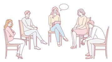 An Illustration Depicting a Group Therapy Session with Five Participants Engaged in Discussion vector