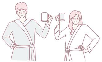 A Joyful Couple Enjoying Their Morning Coffee Together While Dressed in Cozy Robes vector