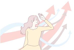 Empowering Growth A Woman Surrounded by Rising Arrows and Waves Symbolizing Success vector