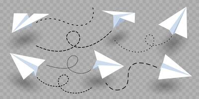 Set of various realistic white paper planes. Collection of flying folded origami airplanes in different angles with dotted route lines. Isolated elements for banner, poster etc. vector
