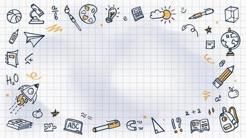School background with doodle frame of hand drawn education elements on white crumpled checkered notebook paper. Sketch border, creative banner template for back to school theme, education concept. vector
