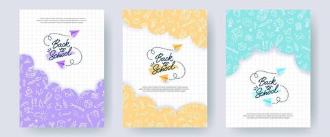 Set of colorful Back to School banners, checkered notebook backgrounds. Doodle pattern with school supplies, hand drawn logo and realistic paper planes. Creative templates for print, social media. vector