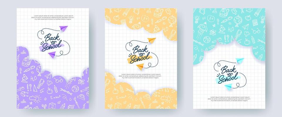 Set of colorful Back to School banners, checkered notebook backgrounds. Doodle pattern with school supplies, hand drawn logo and realistic paper planes. Creative templates for print, social media.