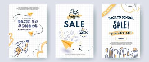 Set of Back to School sale banners, backgrounds. Creative posters with hand drawn illustrations, paper planes, doodle drawings on white checkered notebook paper. Web ad templates, educational concept. vector