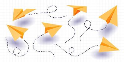 Set of various realistic yellow paper planes. Collection of flying folded origami airplanes in different angles with dotted route lines. Isolated elements for banner, poster etc. vector