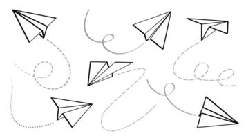 Set of various outline paper planes. Collection of flying folded origami airplanes in different angles with dotted route lines. Isolated elements, icons, hand drawn illustration. vector