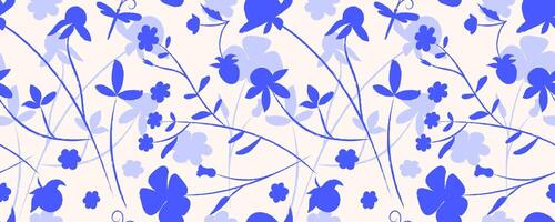 Seamless floral pattern with blue silhouettes of wildflowers, leaves, berries and dragonflies on a light beige background. Delicate hand drawn botanical design for textiles, print, wrapping, and decor vector