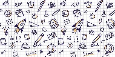 Seamless doodle back to school pattern, background. Hand drawn icons of school supplies and creative elements on checkered background, school notebook. Texture for wallpaper, background, fabric vector