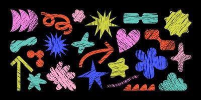 Set of colorful geometric shapes with crayon texture. Hand drawn doodle icons, arrows, stars, bubbles, grunge bold retro style symbols. Drawn by kids design elements for banners, posters, background. vector